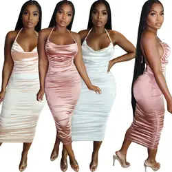 High Quality Solid Color Bodycon Dress Women Stylish Sexy Hanging Neck Backless Ruched Cocktail Dresses