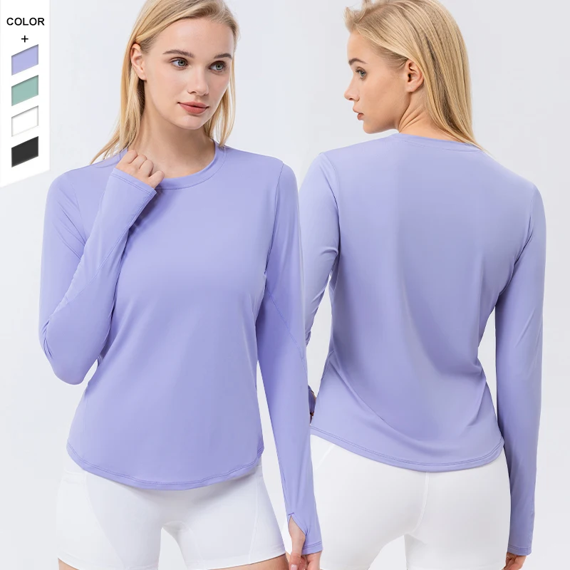 In Stock High Elasticity Sunscreen Fitness Long Sleeves Round Neck Curved Hem Sports Long Sleeves