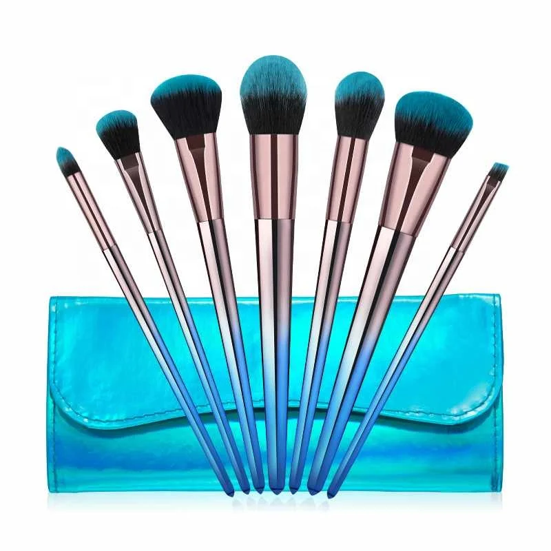 

7Pcs Multi Gradient Color Handle Strong Power Powder Brush Powder Eye Shadow Foundation Brushes Makeup Set With Pu Bag, Blue,rose gold,gradient rose red and black