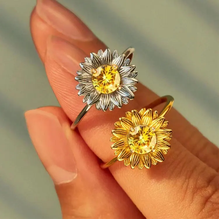 

Fine 14K Gold Plated S925 Sterling Silver Rings Inspirational You Are My Sunshine Yellow Crystal Sunflower Rings Gifts for Women
