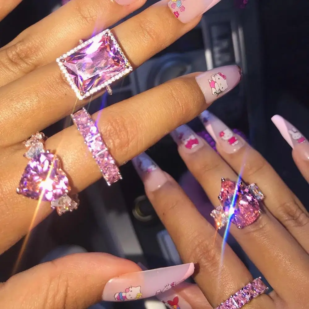

Luxury Female Various Style Fashion Women Engagement Wedding Jewelry Ring cz Big Pink Crystal Cubic Zircon Stone Rings
