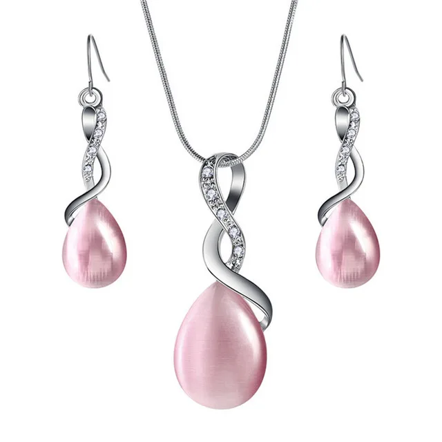 

Fashion Wholesale Pink Opal Drop Pendant Necklace and Earrings Jewelry Set for Women, Gold plated