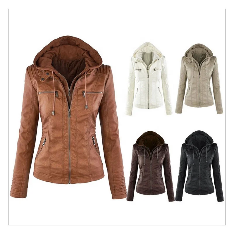

Customized wholesale Plus size women's detachable hooded leather jacket coat top motorcycle jacket PU pilot motorcycle suit