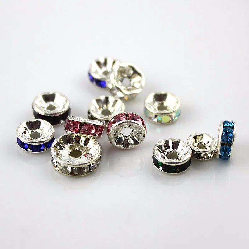 

Yiwu Wholesale Colorful Rondelle  Spacer Round Metal Insert Rhinestone Beads for DIY jewelry Making, Colorful rhinestone and gold base and silver base