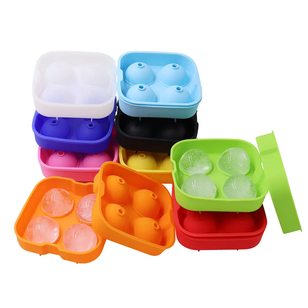 

4 Cavities Round Shape Silicone Ice Hockey Mold Large Sphere Ice Cube Mold Tray, As picture