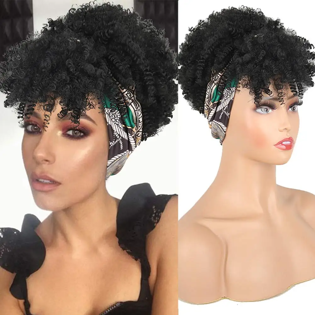 

Hot Selling Curly Wigs for Black Women Short Afro Kinky Curly Headbands Cheap Scarf Wig Turban Drawstring Afro High Puff
