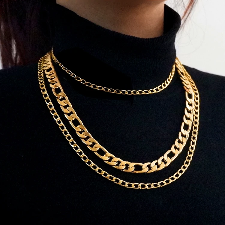 

chunky gold plated cuban link chain multi-layered necklace for women and men