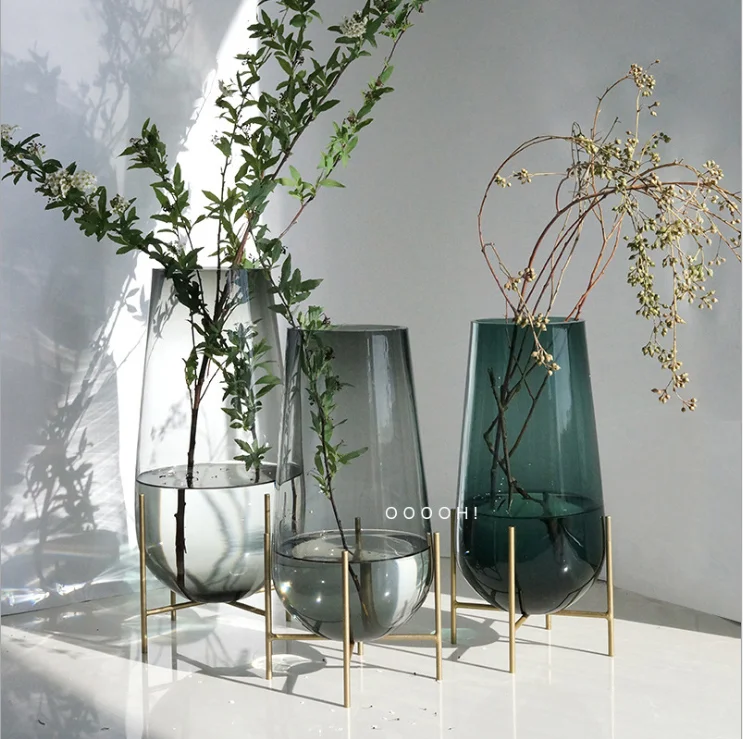 

Wholesale luxury style flower vase with metal frame for home decoration, Green gray