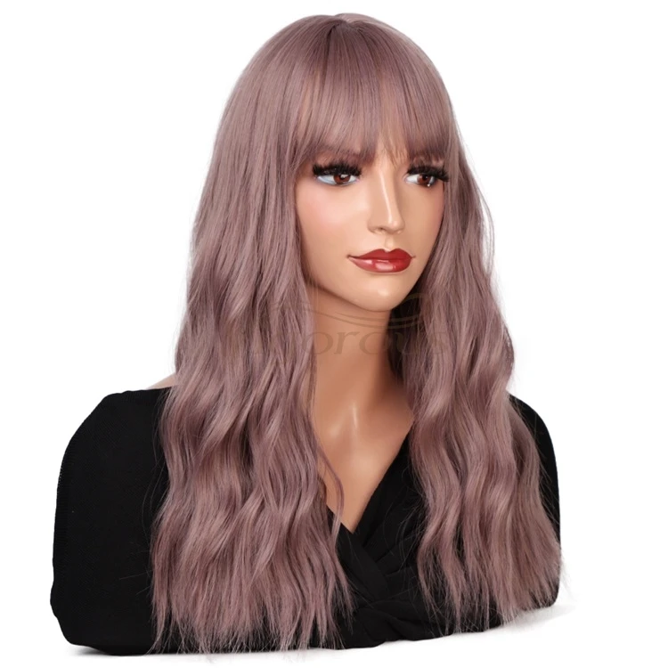 Vigorous Purple Mixed Pink Long Wavy Wigs With Air Bangs Womens Long Curly Wavy Synthetic 