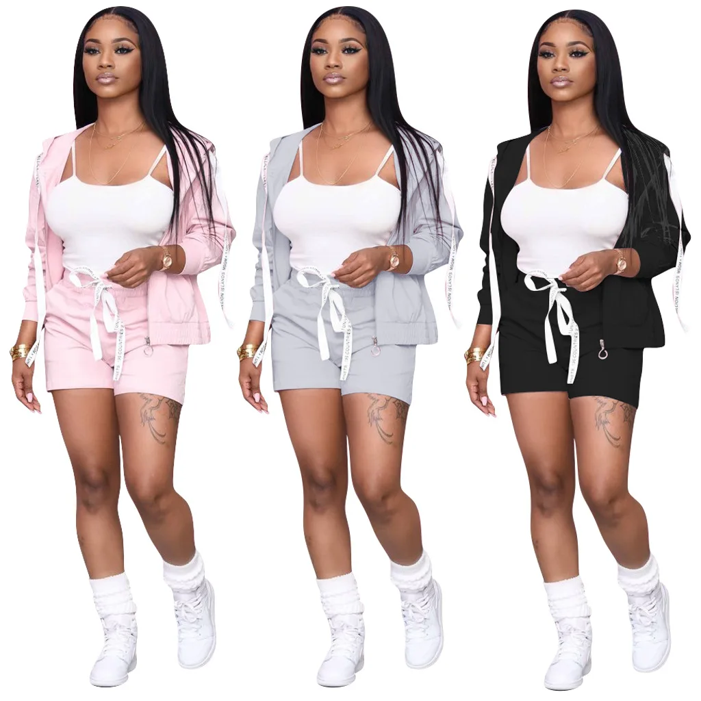 

Sporty Womens Shorts Set Casual Three Piece Set Jacket Tank Tops Shorts Pants Jogger Suit Women's Tracksuit Set Fitness Outfits