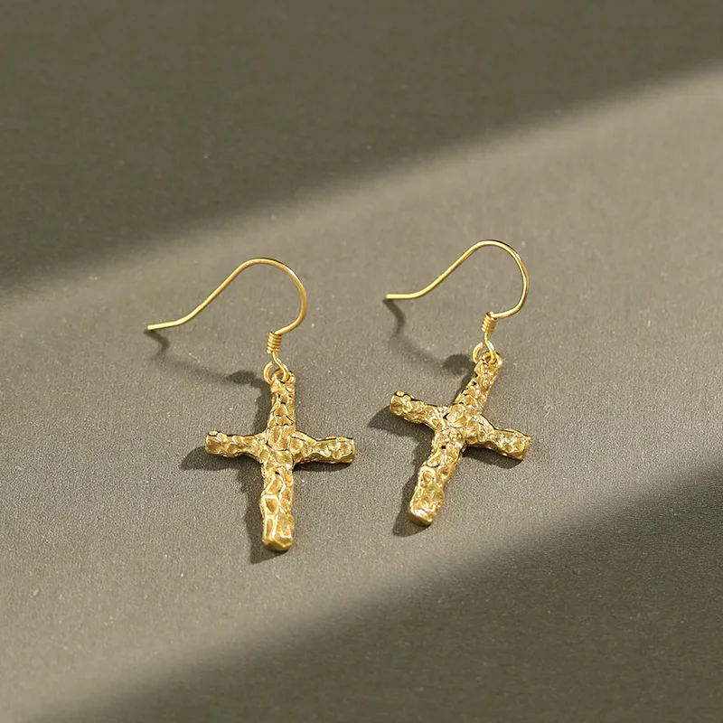 

High Quality 925 Sterling Silver Pleated Cross Drop Earrings Real Gold Plated Cross Hook Earrings for Gifts