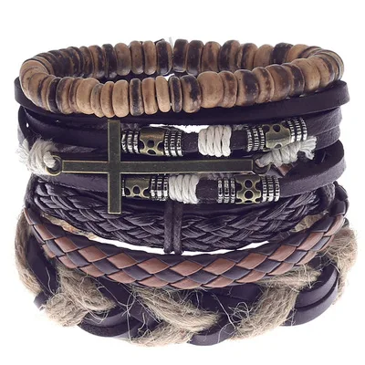 

Fashion summer cool punk style multi-layer woven diy leather black rope handmade mens bracelets, As pic