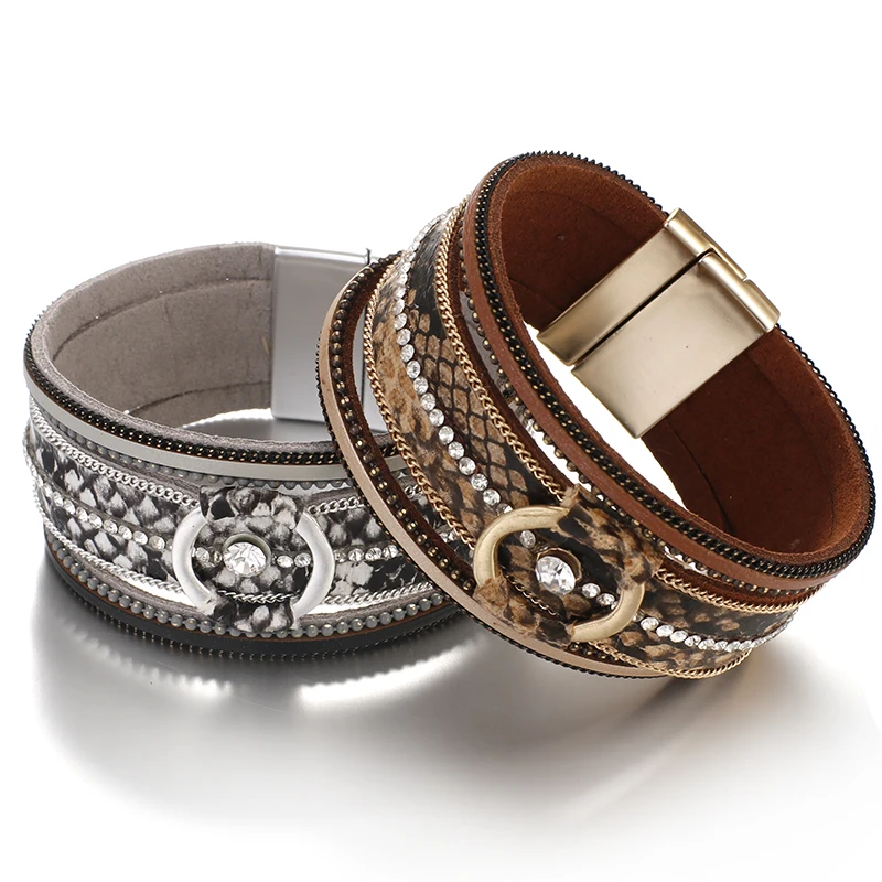 

E190208P Multilayer Rhinestone Crystal Snakeskin Leopard Leather Bracelets for Women Female Jewelry 2020 Wrap Bracelet