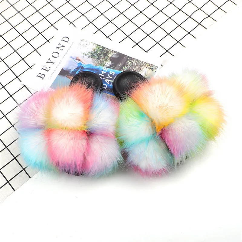 

Fluffy house slippers women flat fur sandals fur pom pom slides, Red,blue ,green ,orange ,brown