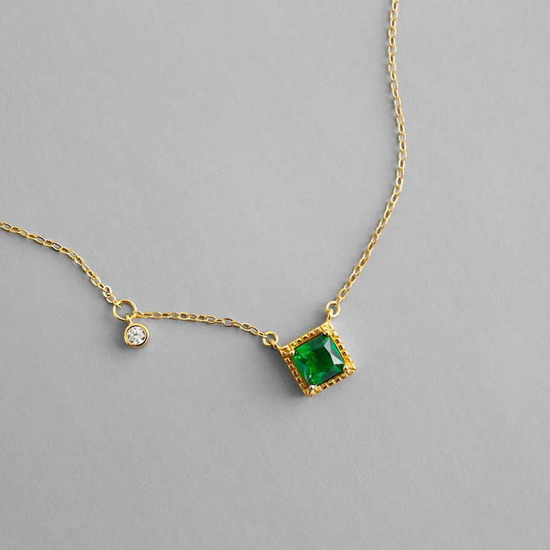 

Luxury Real Gold Plated Chain Green Crystal Emerald Choker Necklace Square 925 Silver Crystal Gemstone Necklace