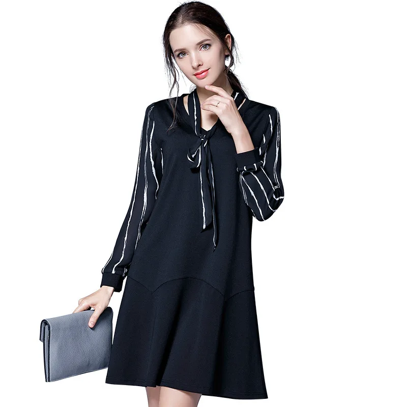 

Factory Outlet European and American Large Size Loose and Thin Fashion Black Ladies Long Sleeve Casual Dress, Shown