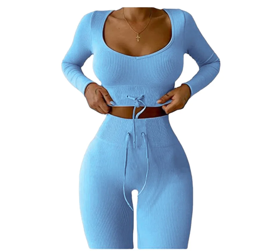 

New Knit Solid Color Ribbed Yoga Sweat Sets Two Piece Set Oversize Women Clothing Long Sleeve Stitching Sports Jogger Outfit, 9 colors