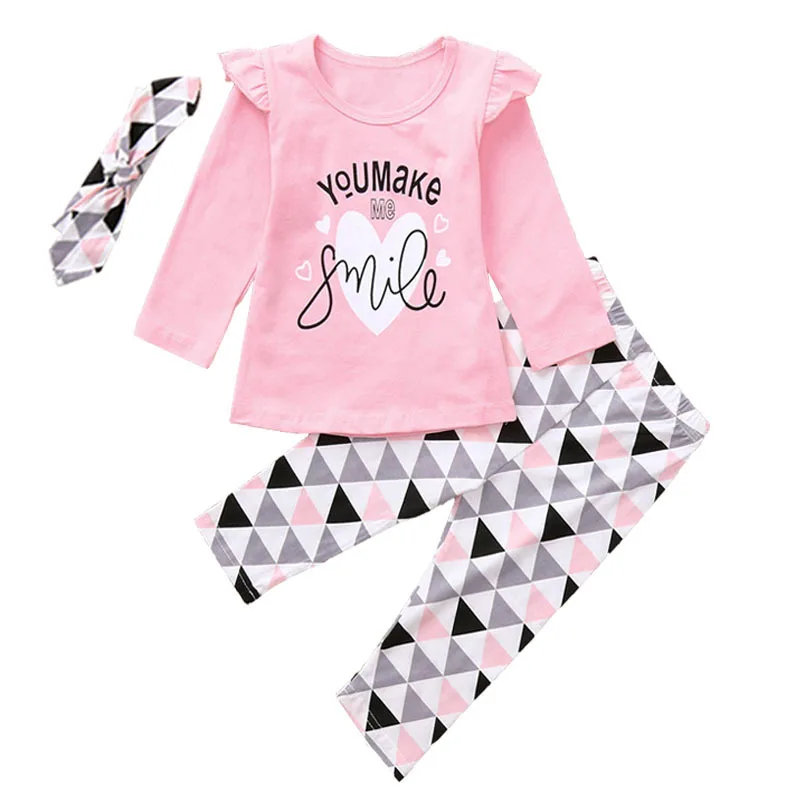

Spring Fashion Cute Newborn Toddler Baby Girls Clothes Tops + Geometric Pants + Headband Outfits Set Print 5 Sets Casual Letter, Picture