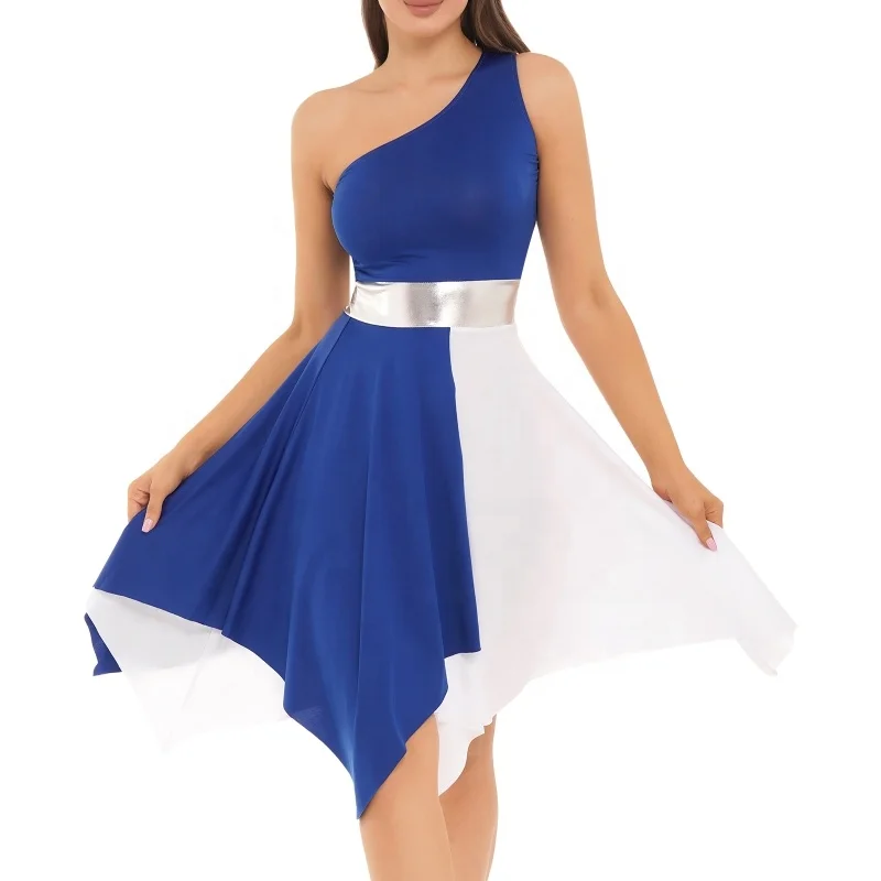 

Hot Sales Womens Patchwork Asymmetrical Hem Sleeveless Dresses Dancewear One Shoulder Color Block Dance Dress