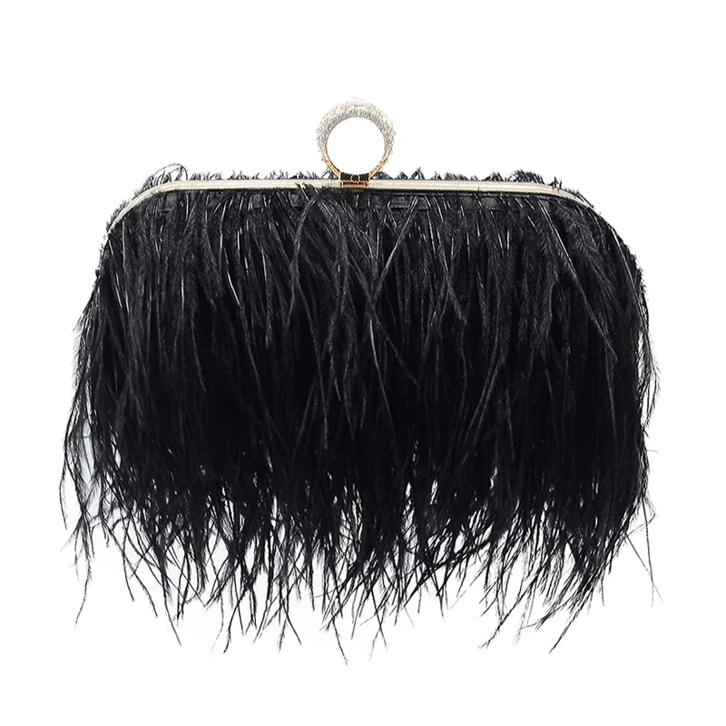 

Luxurious Fluffy Ostrich Feather Clutch Evening Bag For Ladies Wedding Party Dinner Dating Dress Shoulder Bag With Metal Frame