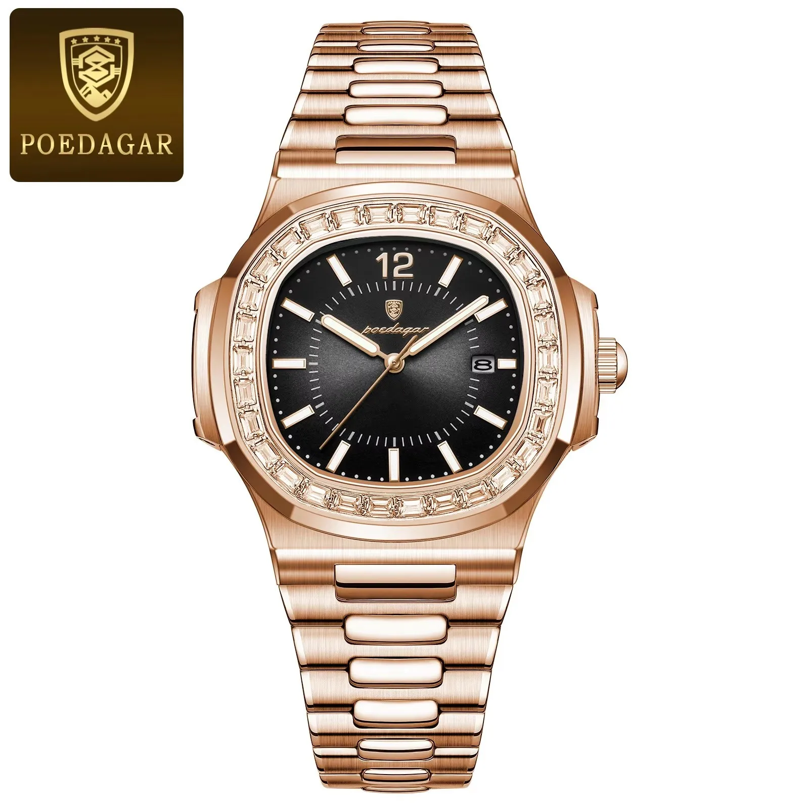 POEDAGAR 918 New Luxury Rose Gold Quartz Watch for Men Stainless Steel Sports Waterproof Luminous Fashion Square Men's Watches