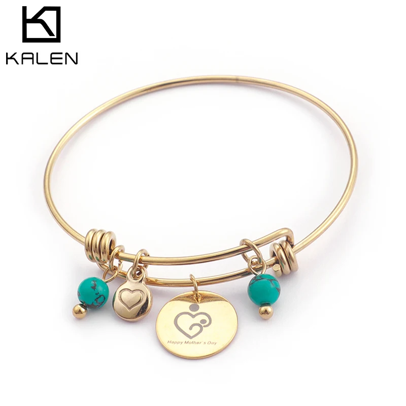 

New Arrival Double Blue Balls Heart Engraved Bangle Charm Pendant Round Luxury Bracelet for Women, Silver/gold