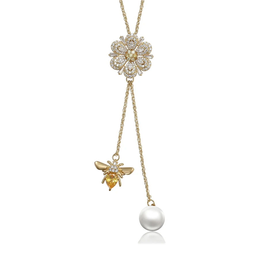 

necklace-01159 Xuping elegant sweater gold plated bee and pearl pendant necklace for women