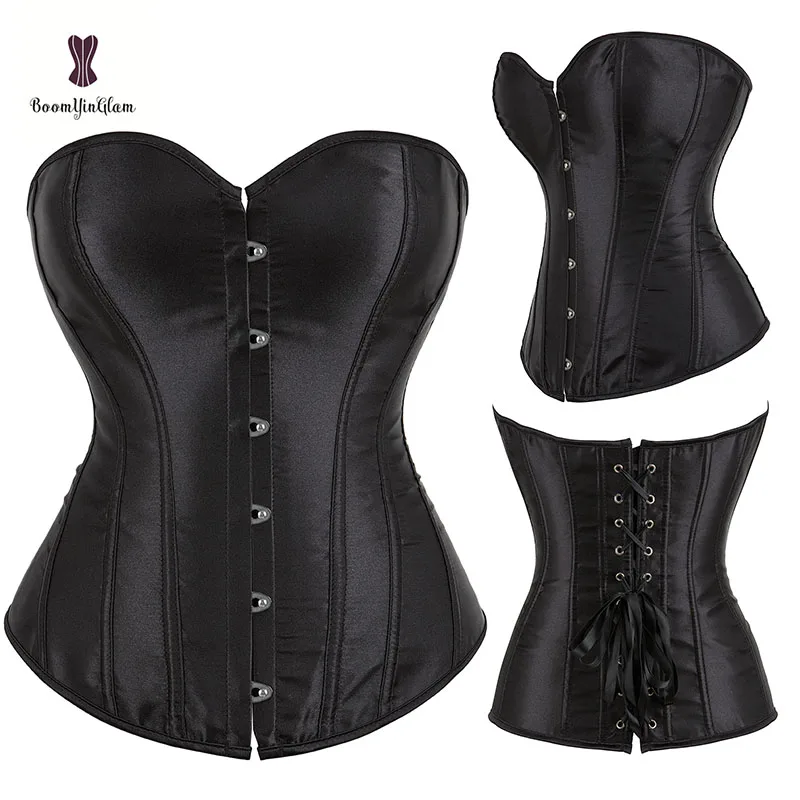 Front Busk Solid Black Plastic Boned Waist Slimming Cincher Shaper Women Gorset Satin Body Shapwear