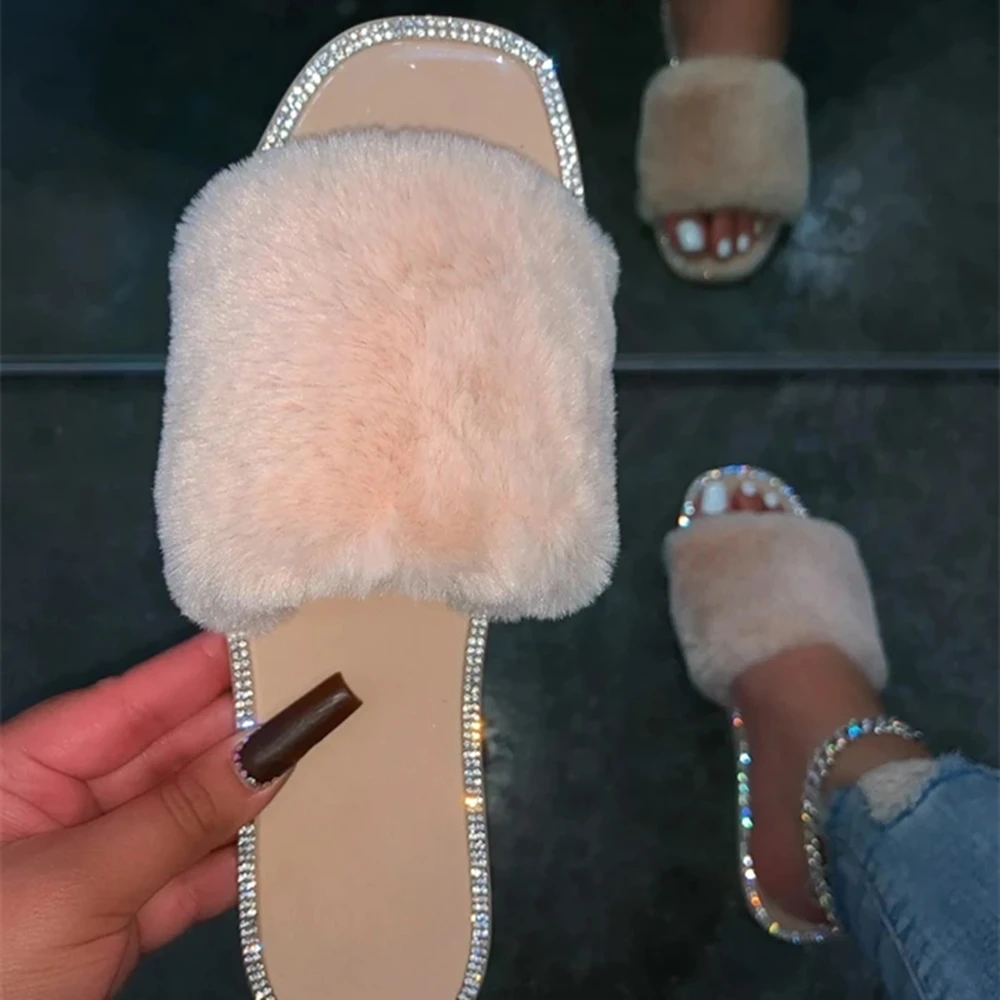 

Fashion Trend Hot Sale Plush Flat Bottom Slippers Women Elegant Line Slippers Chic Rhinestone Faux Fur Slippers, Sky-blue / red /black /nude