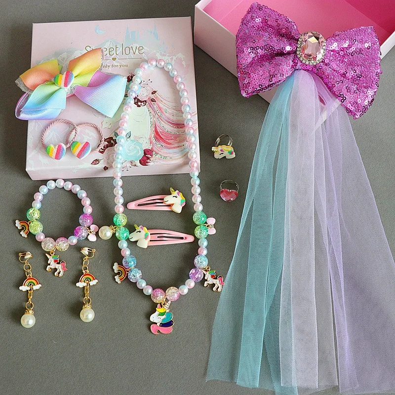 new children's necklace set unicorn necklace bracelet earring gift box children's jewelry necklace for girl