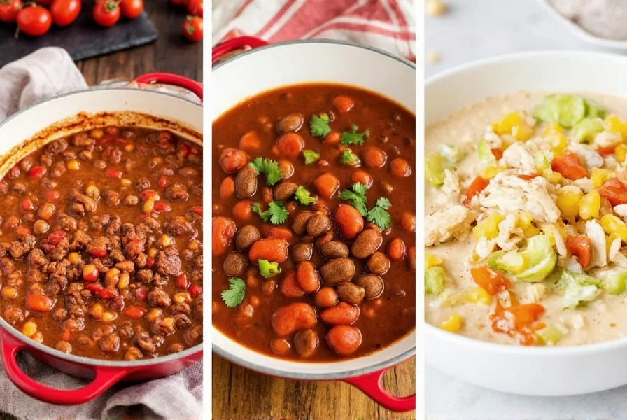 Different chili variations side by side showing traditional beef chili, vegetarian option, and white chicken chili