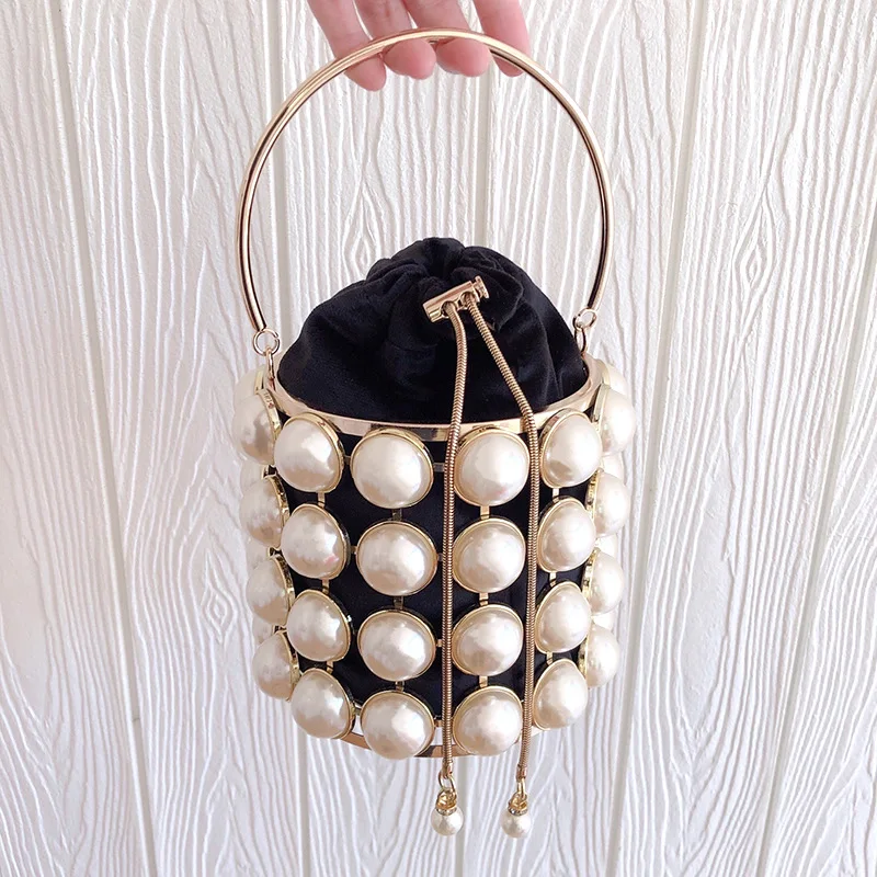 

Hollow Out Beading Alloy Metallic Handbag Female Fashion Dinner Party Totes Pearl Basket Evening Clutch Bag Women, As the picture shown