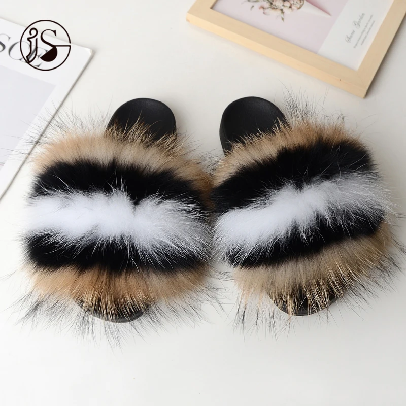 

Real fox fur slippers 2021 Colorful fur slides custom soft warm women slippers women slides, Picture