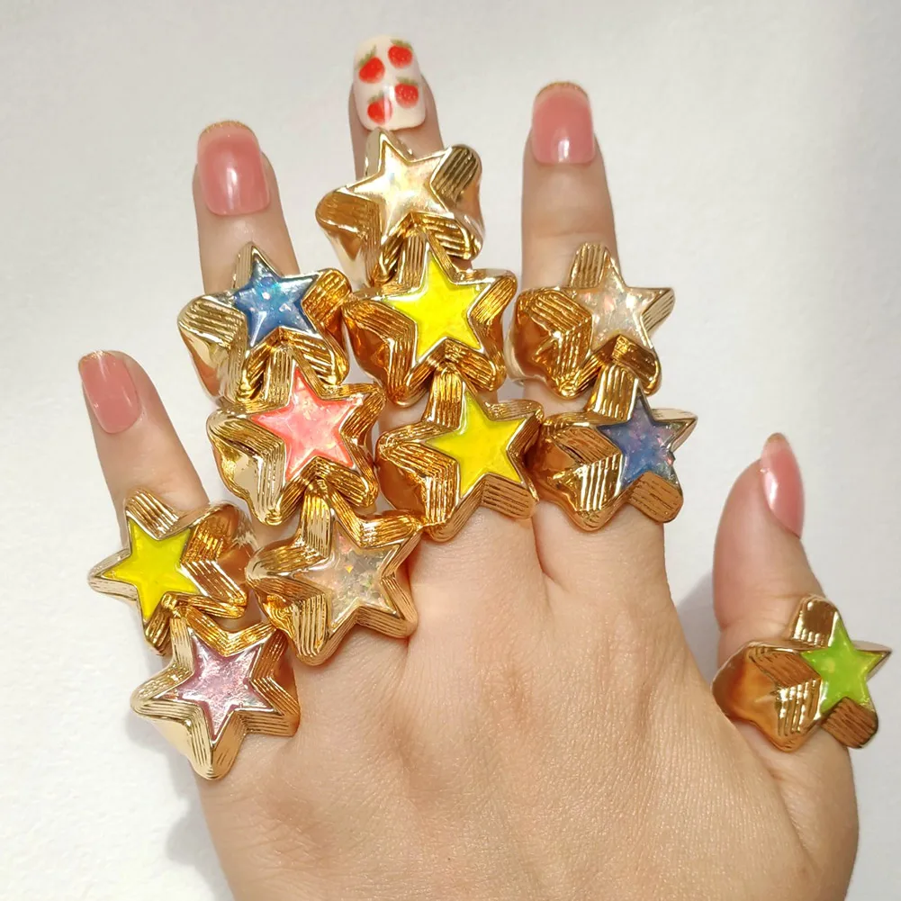 

Romantic Cute Colorful Layered Geometric Star Moon Chunky Finger Rings For Girls Party Jewelry, Mixed color
