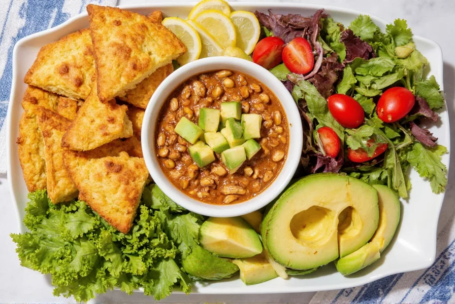 Colorful platter with white chicken chili, cornbread squares, avocado slices, and fresh salad
