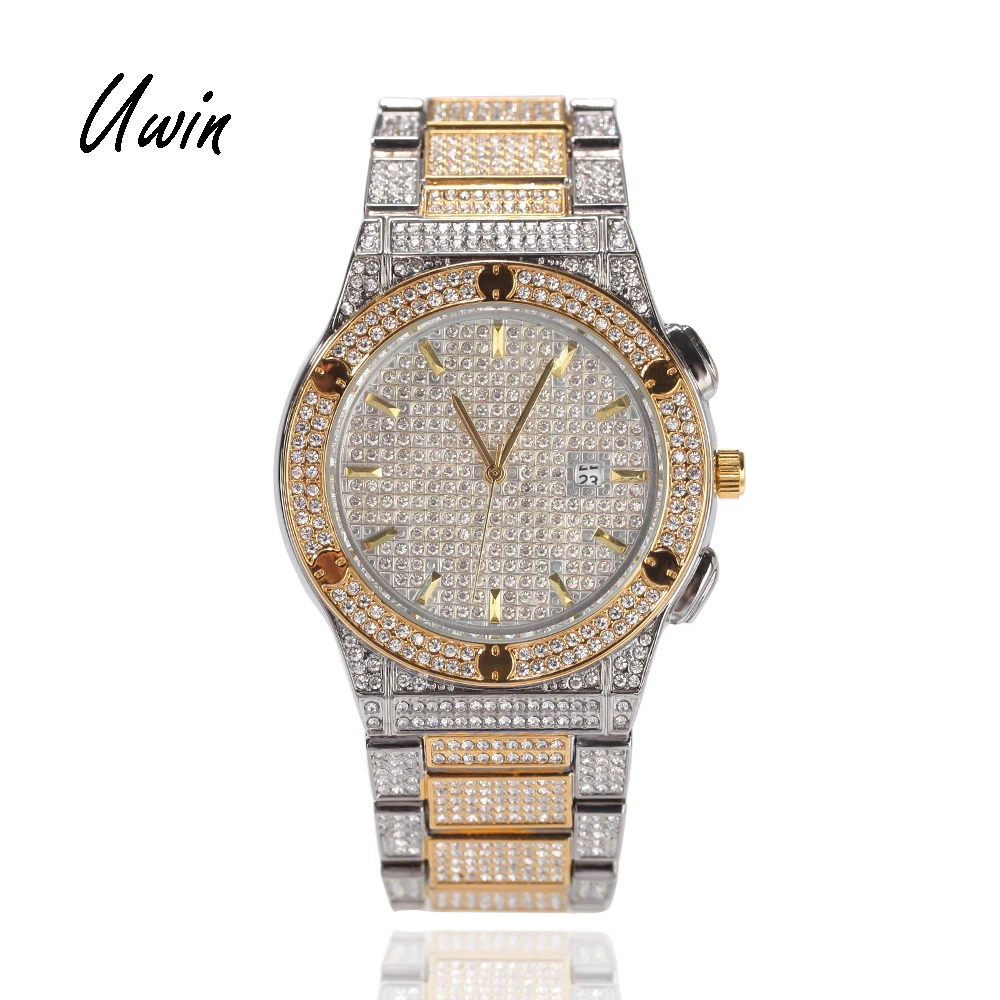 

UWIN Trend Watch Full Iced Round Shape Bling Bling Two Tone Watches for Women Men Rapper