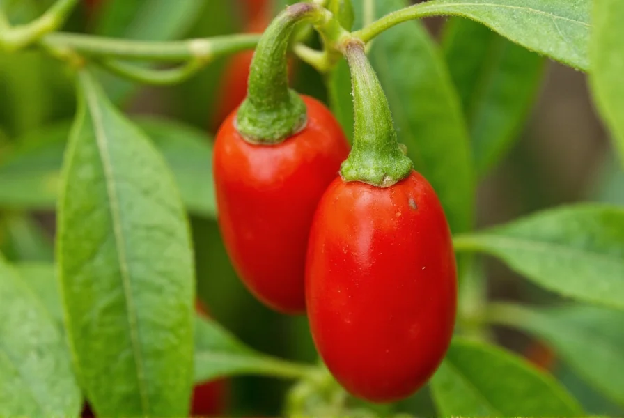 Close-up of vibrant red Scotch bonnet peppers on plant with Ghanaian shito sauce ingredients