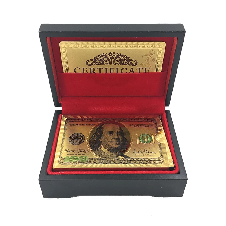 

100 dollar bill 24k gold silver foil plated playing cards plastic poker in wooden box