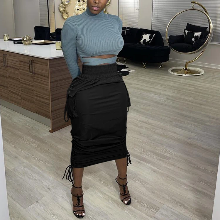 

New Trending Slim Solid Color High Waisted Skirt With Pocket For Ladies Fashion 2021 Women Skirts -PT, Black,white