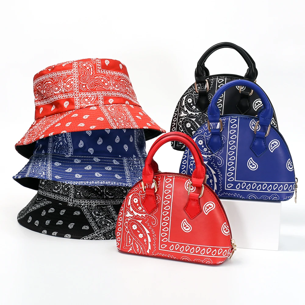 

2021 Hot Sale luxury Flower Bucket Purse And Hats 2 Piece Set Ladies Handbags Luxury Bandana Purse for Women, 7 color