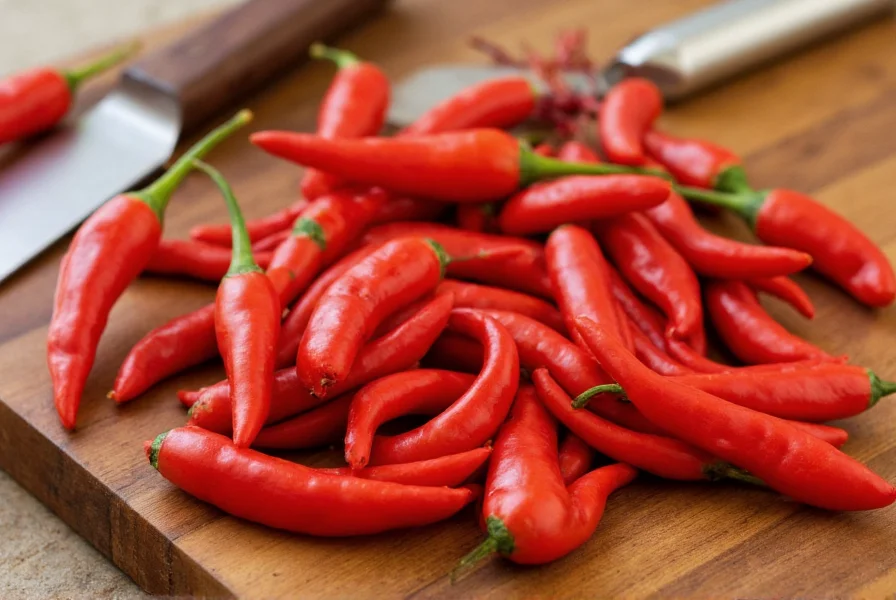 Close-up of fresh Thai bird's eye chilies on a wooden cutting board with traditional Thai cooking utensils