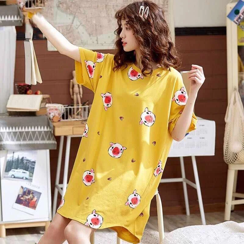

Middle-length pregnant woman short sleeve cartoon loose sweet short sleeve sleep skirt cartoon summer pajamas home wear