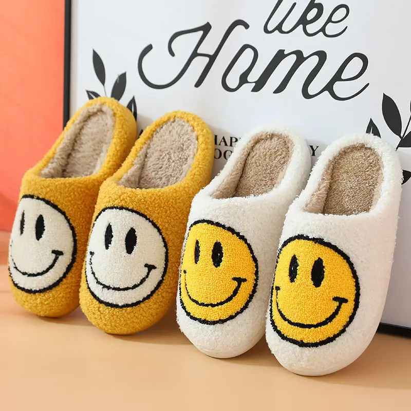 

Wholesale Smile Face Pattern Smiley Winter Indoor Flat Warm House Slippers For Women, Black blue red yellow grey cheetah