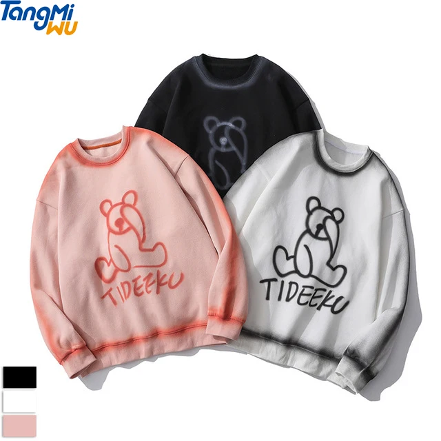 

New product casual loose 100% cotton bear print Long sleeve unisex pullovers tie dye cartoon crewneck sweatshirt