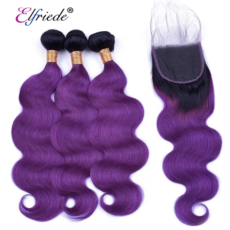 

#T 1B/Purple Body Wave Ombre Hair Bundles with Lace Closure 4"x4" Brazilian Remy Human Hair Wefts with Closure JCXT-88