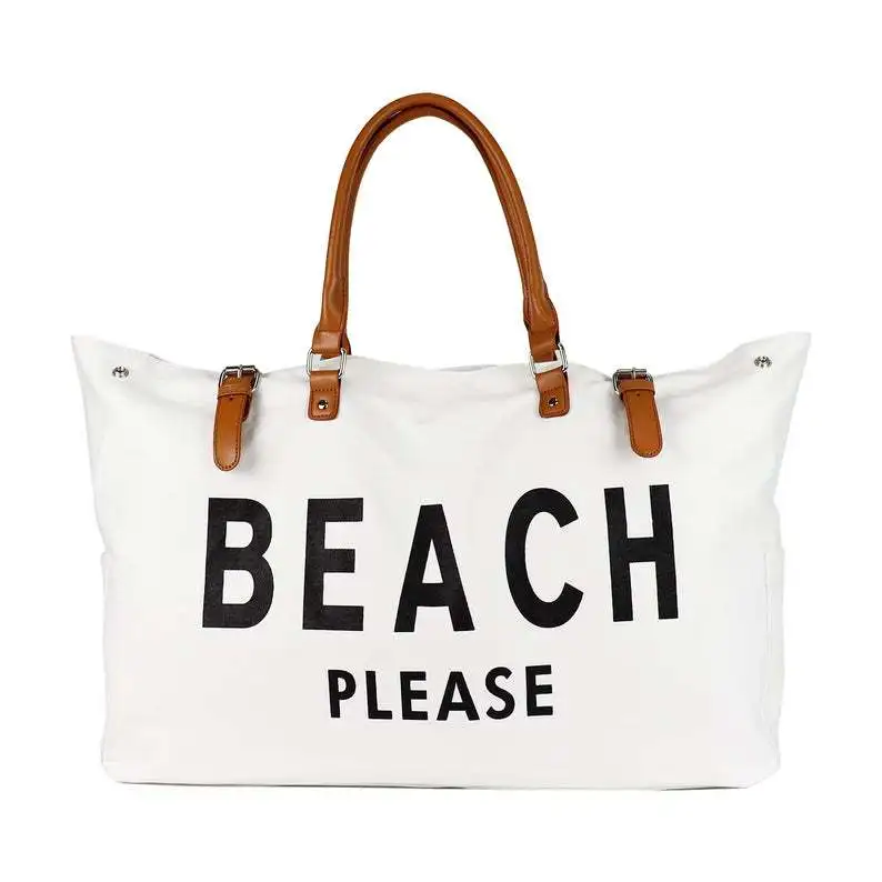 

Hot Custom logo large waterproof women canvas cotton sea beach towel tote bag leather handle wholesale