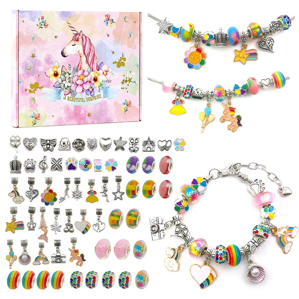 

Crystal Beads DIY Bracelets Making Kit Kids Cartoon Handmade Jewelry Bracelets Set with Pink Gift Box