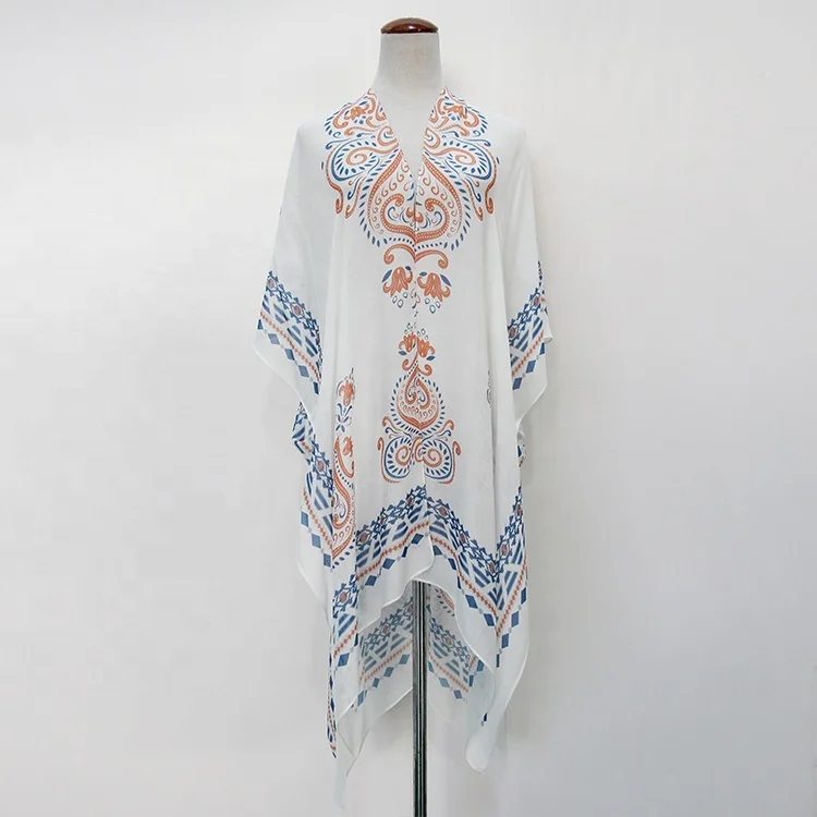 

2021 New Summer Design White Pattern Long Beach Women Kimonos, As picture
