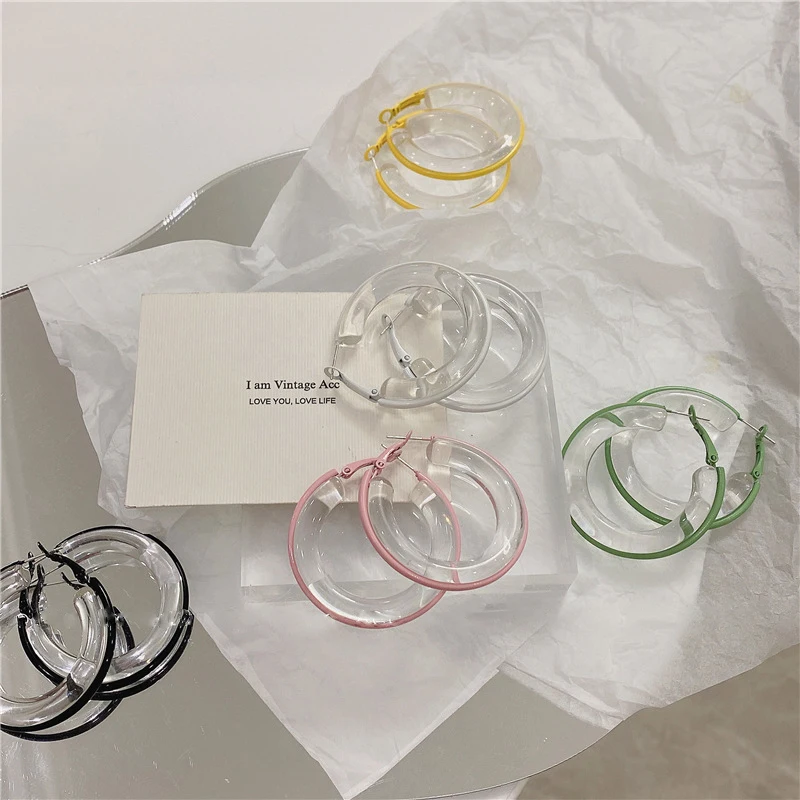 

2021 Minimalist transparent resin hoop earrings women big hoop colorful acrylic party earrings, 5 colors