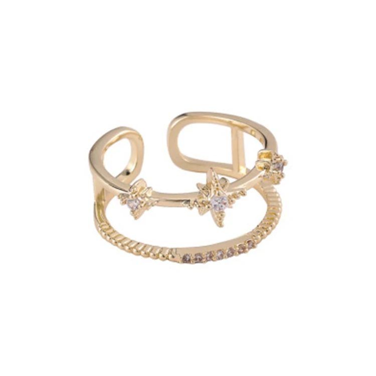 

New Trendy Tassel Chain Star Design Double Open Copper Jewelry Ring For Girls, Gold